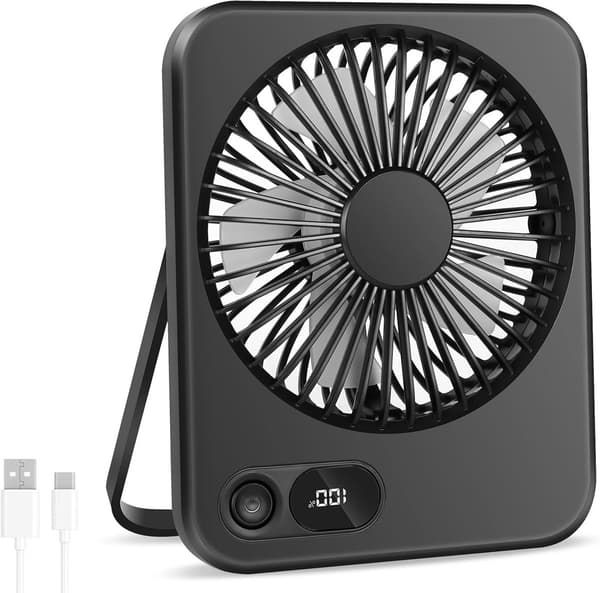 USB-C foldbar bordventilator, LED-skærm, 180° justerbar, 2000mAh batteri.