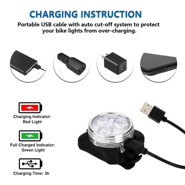Superljus USB-laddningsbart cykelbelysningssats - Fram- och bakljus för nattcykling - Vattentätt och hållbart