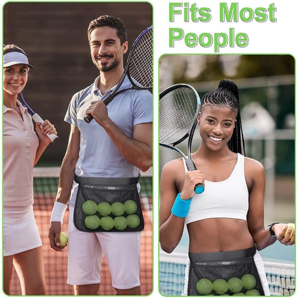 Taljepose i mesh til tennis, rummer op til 8 bolde, taljebælte 80-110 cm, til opbevaring af tennisbolde og golfbolde, sort.