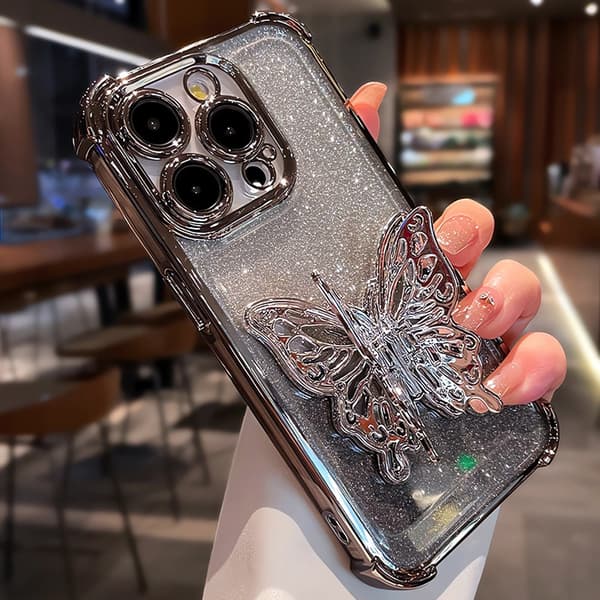 iPhone 16 Pro Max sommerfuglestativ telefoncover, stativet kan åbnes.