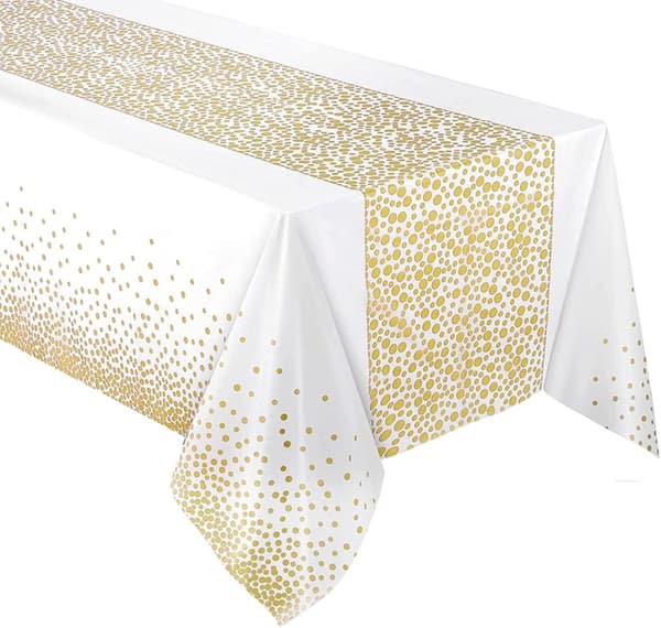 Tredelad vit och guld festduk engångs för rektangulära bord guld prickar konfetti för födelsedagsfester babyshower 137cm 274cm