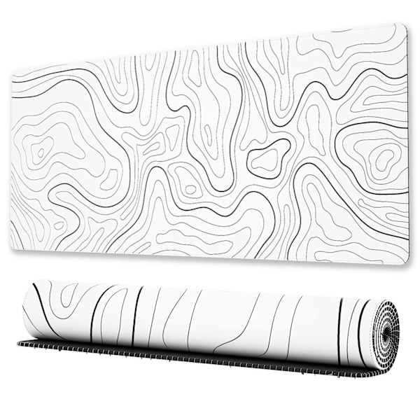 Stor Gaming Musemåtte med Syede Kanter, Minimalistisk Topografisk Kort Skrivebordsmåtte, Udstrakt XL Musemåtte med Skridsikker Base, 80 x 30 cm, Hvid