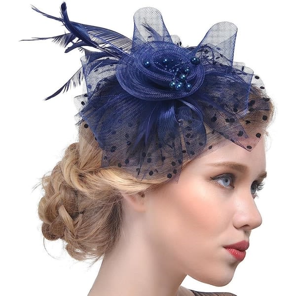 Fascinatorhatt, blommor, nätband och fjädrar på ett delat spänne pannband, cocktail och tebjudningshuvudbonad för flickor och kvinnor