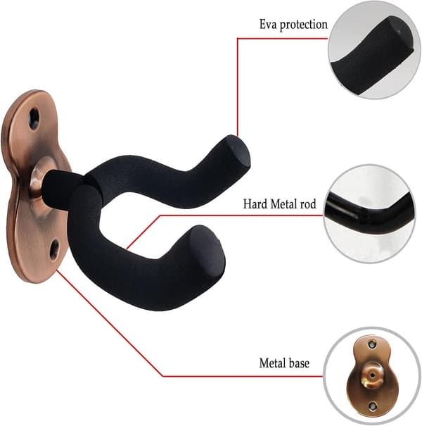 2-pack metallgitarr väggfäste med skyddande svamp, lämplig för alla gitarrhuvuden/elgitarrer/ukeleles/banjo/basgitarrer, röd-brons
