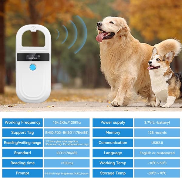 ING Husdjursspecifik Bluetooth RFID-chipläsare - USB-laddning - Trådlös - Stöder FDX-B och EMID - 134,2KHz/125KHz OLED-display - Vit