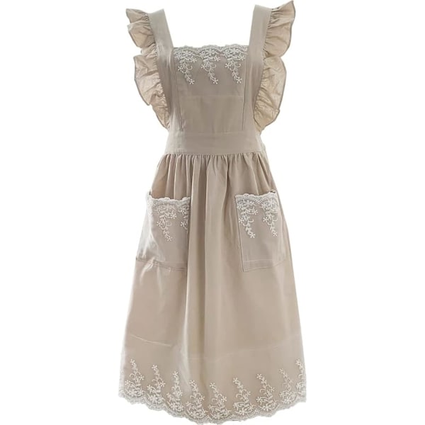 Söpö Säädettävä Pitsinen Työesiliina Naisille, Puuvillapellava Beige Kotikeittiön Ruoanlaittoesiliina Taskulla Gift_xx