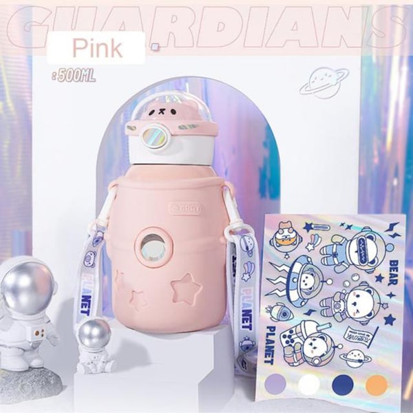 Bærbar Kawaii Vannflaske med Sugerør 500ml Isolerte Vannflasker i Rustfritt Stål Søt Astronaut Bjørn Vannflasker for Skole Trening Reise Piknik