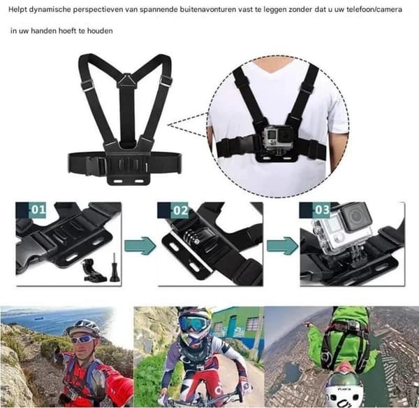 Action Camera Bröstrem - 9-delars set - Stativ - Stabiliserande bröstrem - Universell bröstrem - Svart