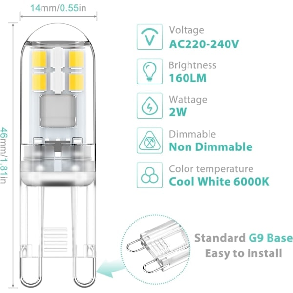 G9 LED-pærer 1,5W tilsvarende 20W halogen kald hvit lys 6000K, AC 220-240V, ikke-dimbar, mini-pære, flimmerfri, 10-pakning