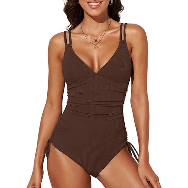Kvinnors V-halsad Rygglös Sexig Baddräkt, Volang Mage Kontroll En Delad Strandkläder, Baddräkt BROWN XL