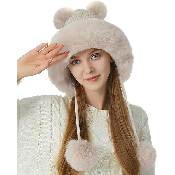Naisten talvimyssy kaksoispomsupomponilla, söpö venäläinen myssy, keinotekoinen turkis, trendikäs ulkoilulle, hiihtämiseen, BEIGE Beige