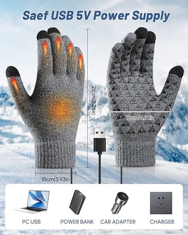USB Uppvärmda Handskar, Dam, Varma Vinterhandskar, Touchscreen Stickade Handskar, Stickade Uppvärmda Handskar, Justerbar Temperatur, Vinterpresent, Löpning