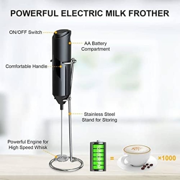 Elektrisk melkeskummer, håndholdt med stativ i rustfritt stål, batteridrevet skummer, visp, drikkeblander, minimikser for kaffe, frappe, latte