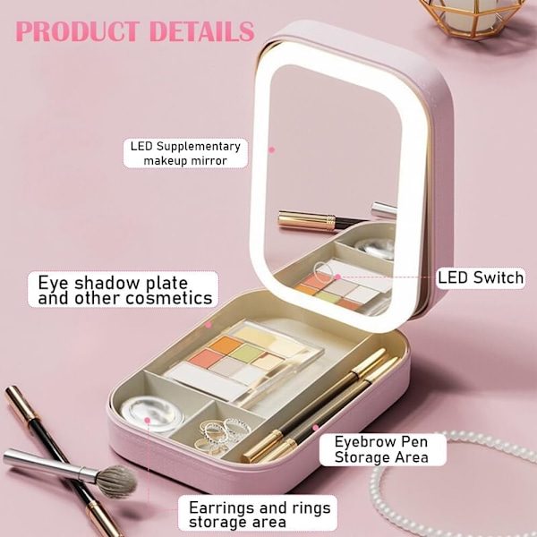 Rejsetaske til makeup med LED-spejl, bærbar kosmetikstaske med 3 farver justerbar lysstyrke makeup spejl