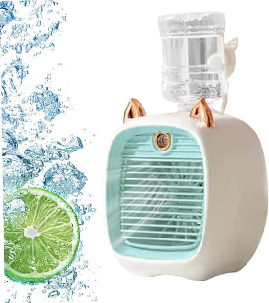 3-i-1 Mini Luftkøler Ventilator – Luftkøler med Forstøver og Natlys, 3 Hastigheder – Luftfugter og LED-lys – Blå