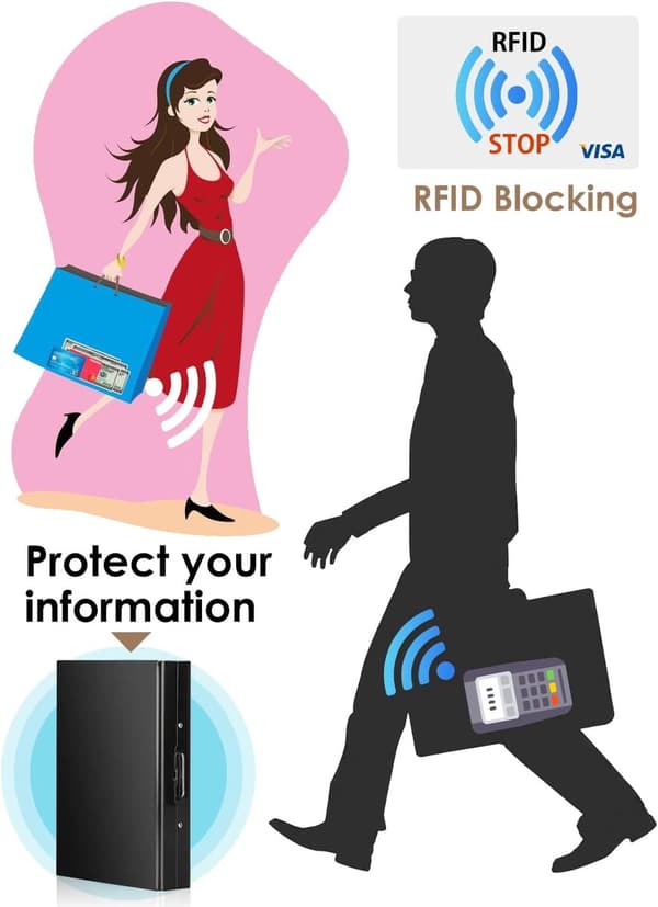 Harmonika-stil RFID kortholder i rustfrit stål, rummer 10 kort, fingeraftryksresistent, sort.