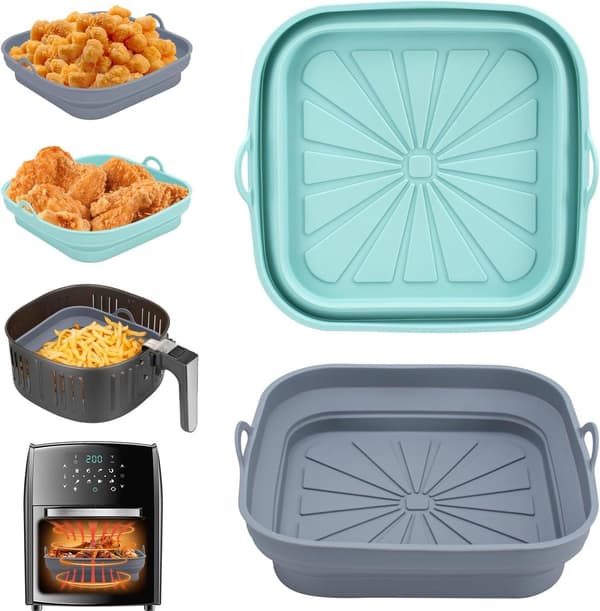 Airfryer silikonform, 2-pakning, firkantet sammenleggbart brett, gjenbrukbart (grønn + grå)