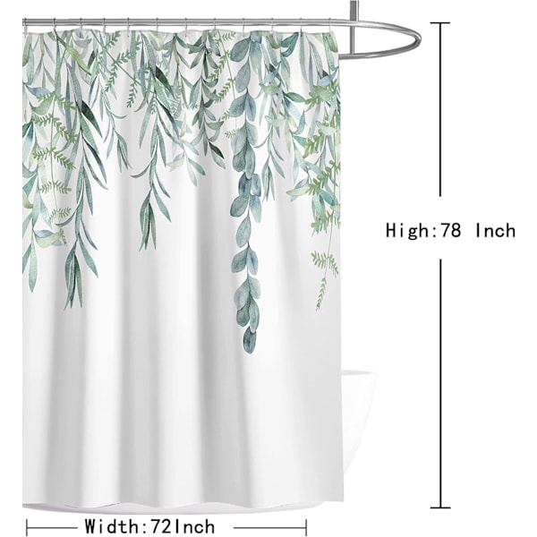 Bruseforhæng, Grønt Bruseforhæng til Badeværelse, Ekstra Lange Bruseforhæng med Plante Motiv med 12 Kroge 183 x 198 cm