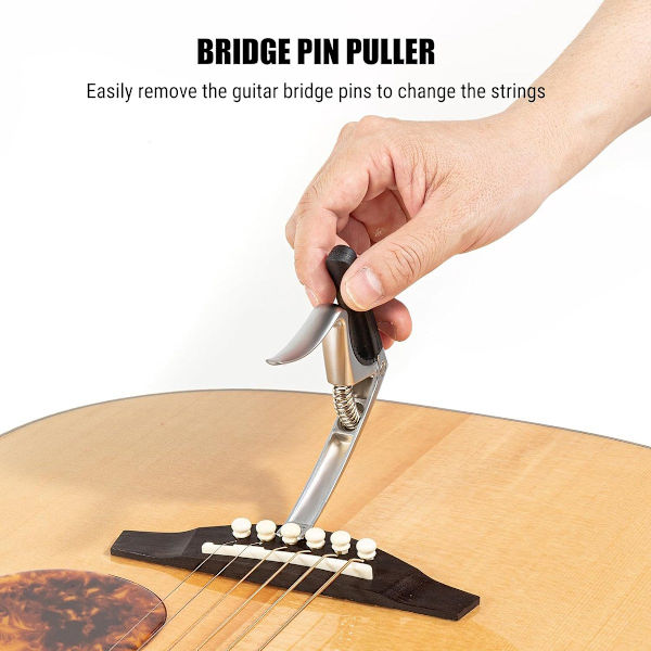 Gitarr Capo, 4-i-1 Gitarr Capo med Stallpinne Dragare, Capos för Gitarr Bas Ukulele Banjo Mandolin, 3 Silikonhuvuden, Gitarrtillbehör, Silver