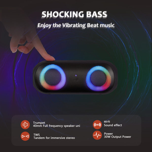 Bluetooth-högtalare, bärbar Bluetooth trådlös (100FT räckvidd) högt stereoljud, IPX7 vattentät duschhögtalare, RGB flerfärgade rytmljus
