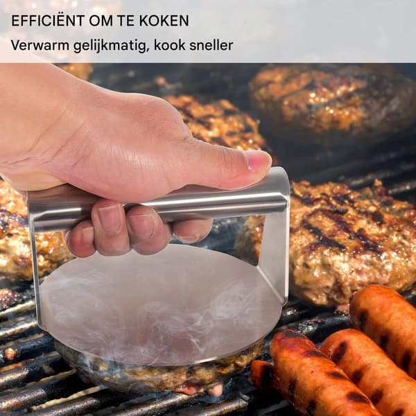 Manuel hamburgerpresse i rustfrit stål, non-stick til presning af kødfyld og bacon.