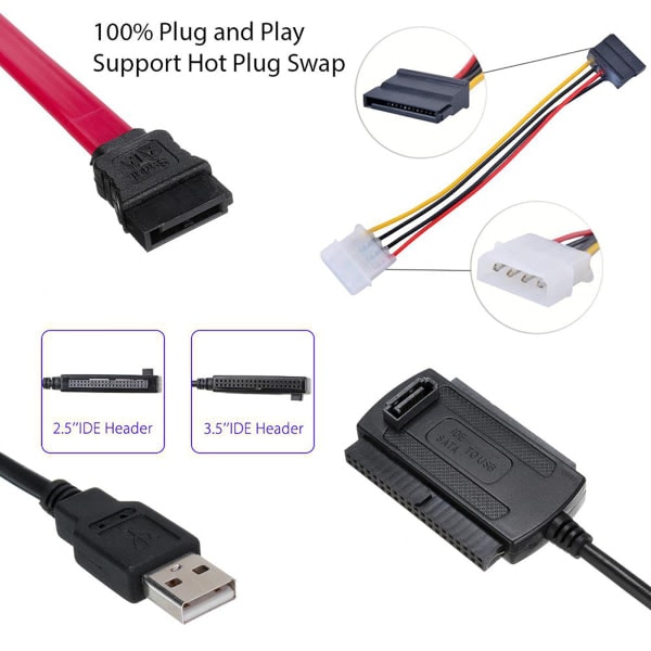 SATA/IDE-hårddisk till USB 2.0-adapterkabel - Ansluter 2,5 tum och 3,5 tum hårddiskar till datorer - Viktigt datortillbehör