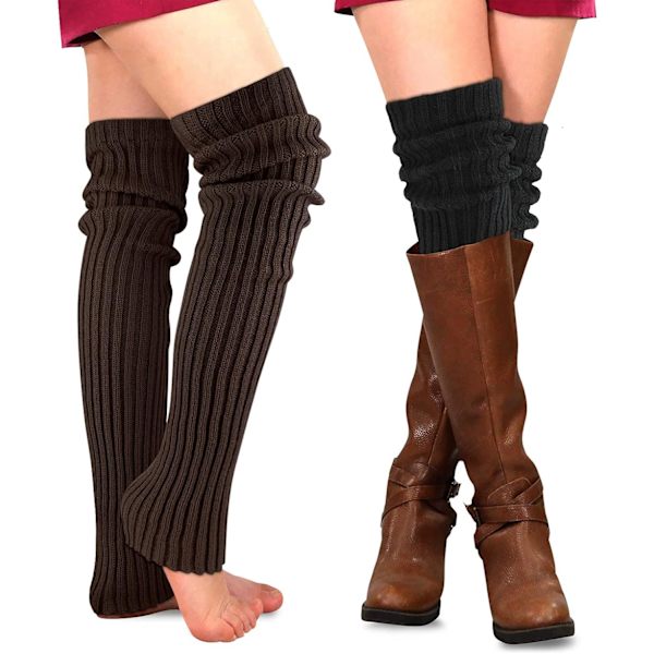 2 Par Lange Vinter Beinstøtter for Kvinner - Heklede Mansjetter for Jenter, Stilig Strikket Beskyttelse for Støvler, Mørkebrun og Svart Dark brown + black