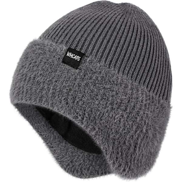 Vinterfleece Line Beanie med Øreklaff for Menn og Kvinner, Utendørs Varmt Termisk Strikket Hette Gray