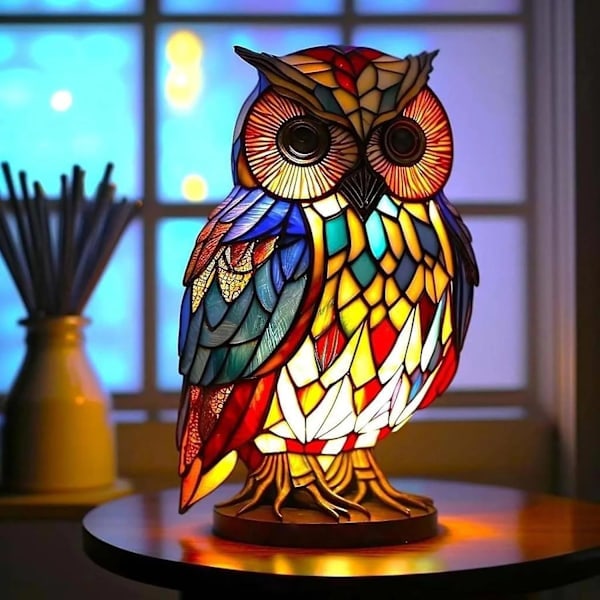 Färgat glas djur bordslampa, bohemisk harts djurlampa för sovrum vardagsrum hemmakontor inredning gåva (uggla)