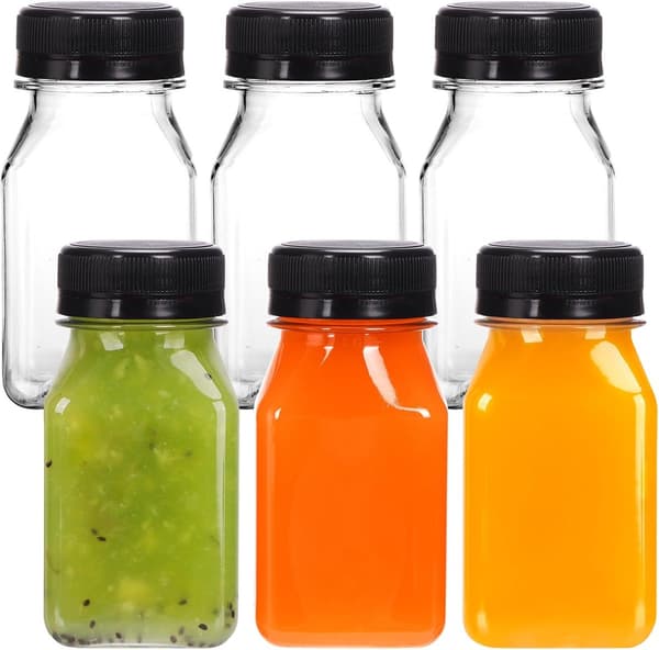 6-pack med 120 ml plastjuiceflaskor, små klara dricksflaskor, plastjuiceflaskor med lock, mini juiceflaskor, plastmjölkflaskor, klara