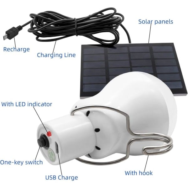 Solcelled LED-lys pære Bærbar solcellelampe med solcellepanel for hage, uteplass, innendørs, utendørs, fotturer, camping, telt, fiskebelysning