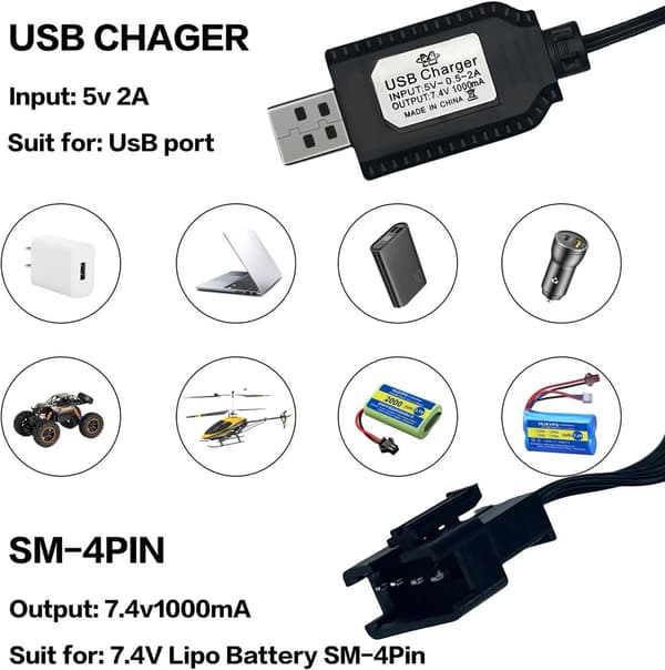 7,4V fjernkontroll batteriladekabel, SM-4PIN plugg