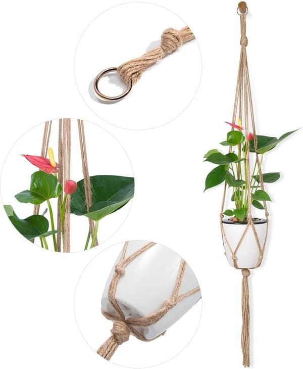 4-delars rustik naturjutevävd hängande växtkorg med elegant och chic foder (2 st 90 cm + 2 st 105 cm)