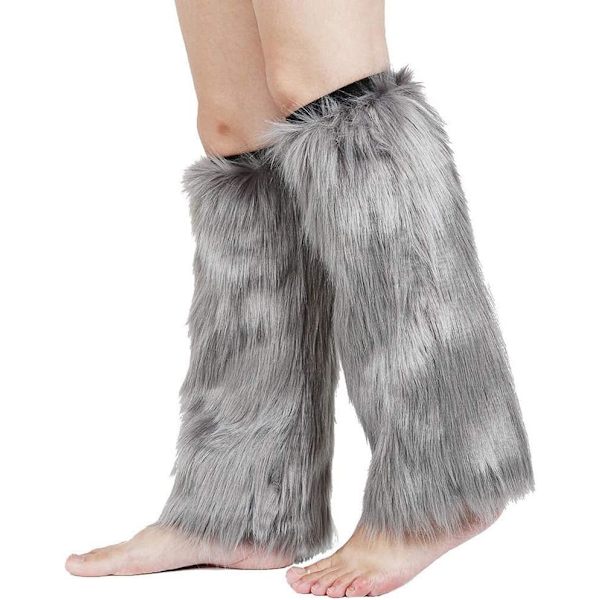 1 Par Damernas Konstgjorda Pälsfluffiga Benvärmare, Fuzzy Överknä Vinter Varma Strumpor, Plysch Stövlettmanschett för Skydd, Grå GRAY