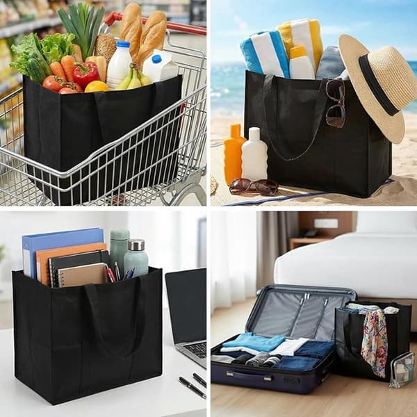 Sæt med 2 Luksus Store Indkøbsposer - XL Indkøbsposer - 41x33x26cm - Maks. 30kg Bæreevne - Sammenklappelige & Selvbærende - Sort