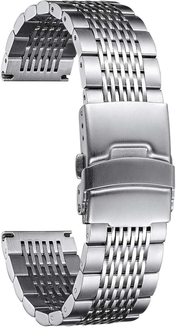 Mesh-armband i rostfritt stål, 22 mm, snabbkoppling med dubbelt spänne.