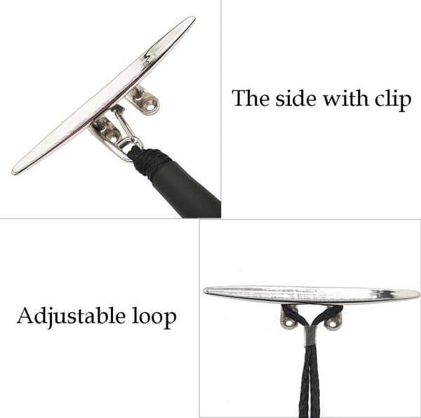 To 1,2 meter elastiske fortøjningsliner (blå og sort stribet), med spænder, velegnet til motorbåde og kajakker.