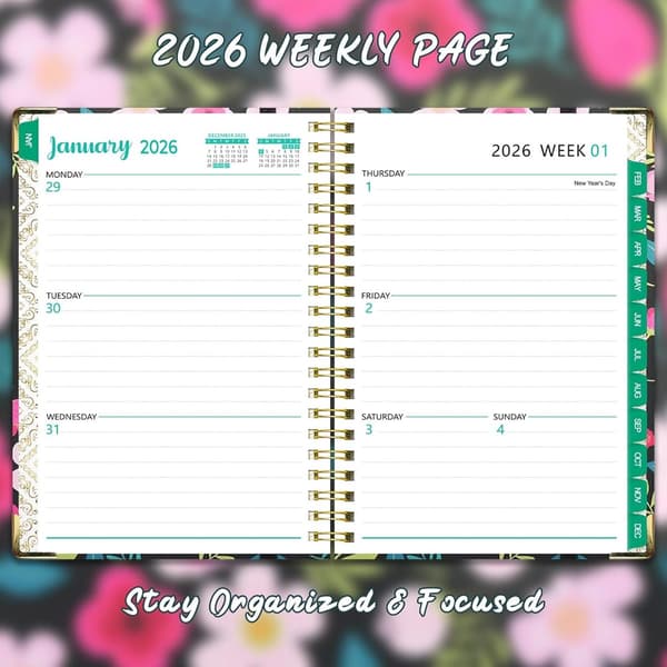 2026A5 Hardcover Planner, Dobbeltbundet, med bogmærker, 21.5×15.8×1.8cm, Lyserøde Blomster