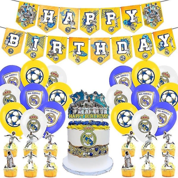 Real Madrid Theme Birthday Party Decoration Fan Boy Soccer Team Birthday Flag Cake Insert Balloon