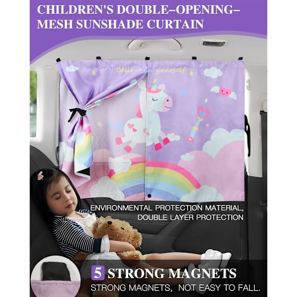 Solskydd för bilfönster, 2-pack, UV-skydd, dubbellager, magnetiskt solskydd med full/halv öppning, rosa enhörning för barn