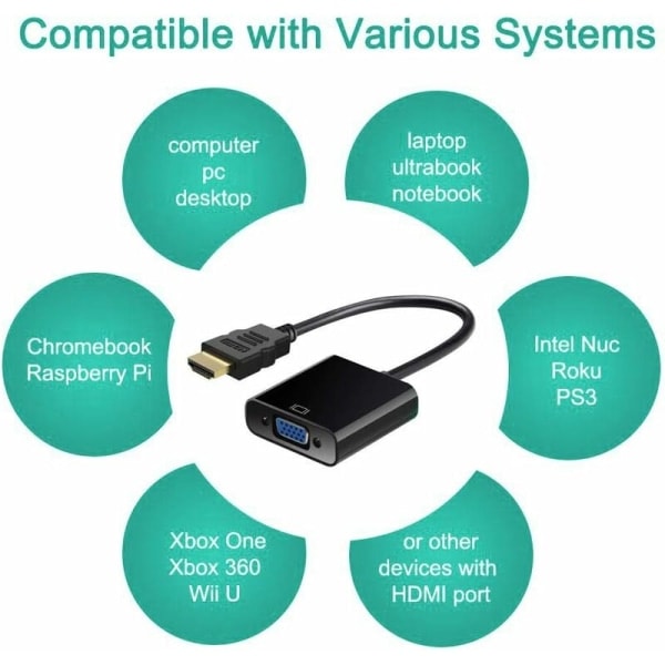 (Svart) HDMI til VGA-adapter - Aktiv 1080P HD-videokonverter - HDMI til VGA-konverter for klar videooutput