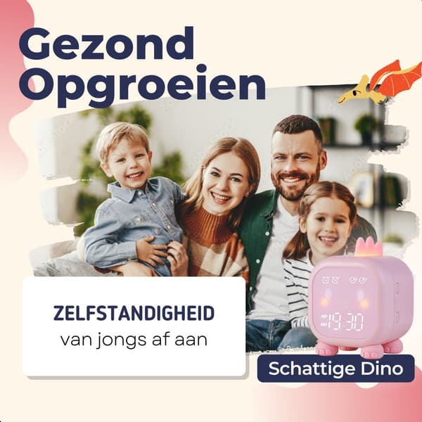 ING Søvntrener Barn, Barnevekkerklokke, Nattlys Barn, Rosa Dinosaur