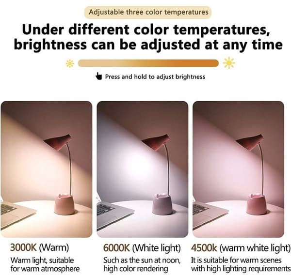 LED-bordlampe med 3 lysmoduser, berøringssensor, 360° roterbar og dimbar, egnet for lesing, studier og arbeid (hvit).