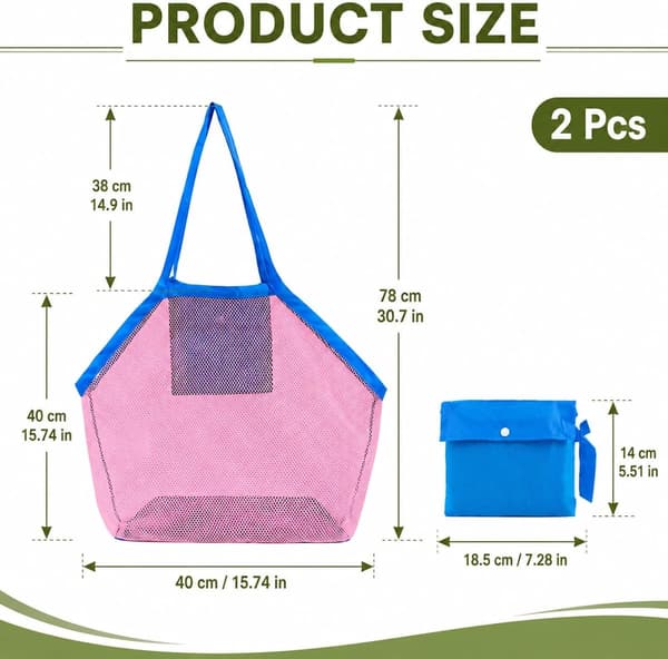 Strandvesker i netting, 2-pakning, 40×24×40 cm, sammenleggbare