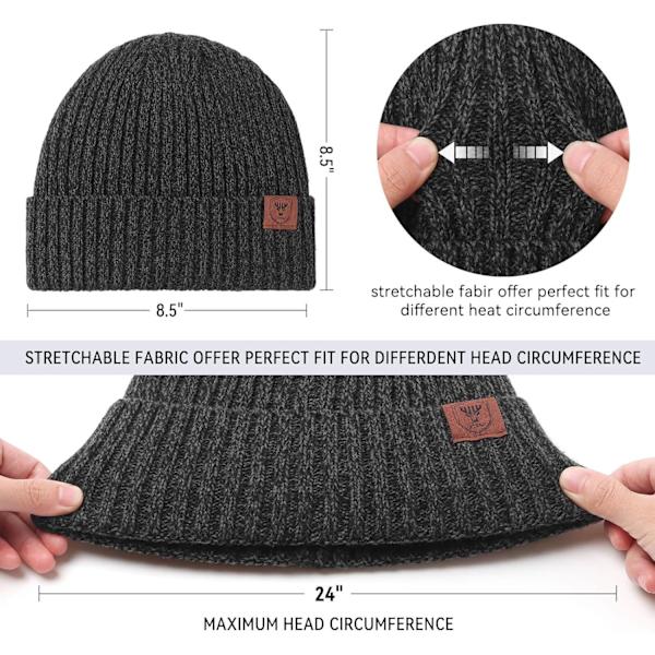 Strikkede Vinterlue, Termisk Tykk Polarfleece Snølue for Menn og Kvinner Black+Light Gray