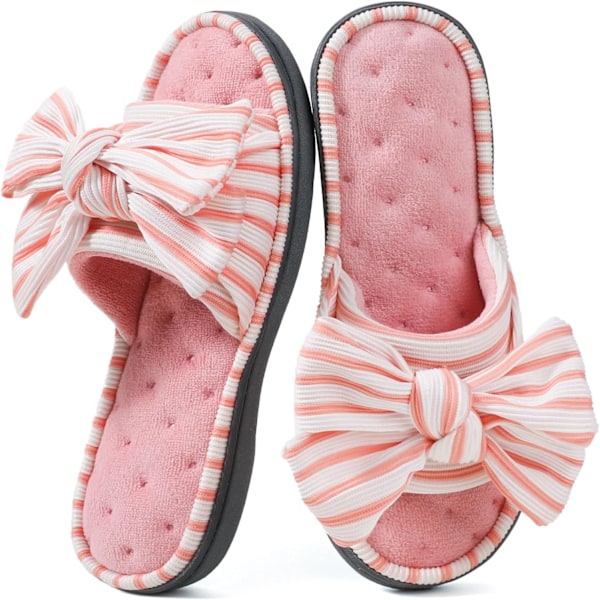 Damestoffler med minneskum og åpen tå - Søte slip-on hjemmesko med sløyfe, anti-skli innendørs og utendørs, rosa, UK 7/8