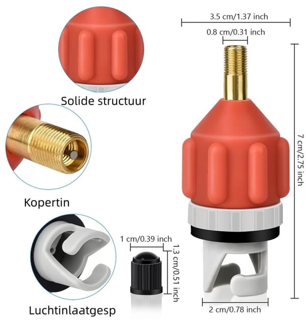 2-delt oppustelig Stand-Up Paddle Board (SUP) pumpeadapter - Paddle Board ventil til kajak ventil adapter - Bilpumpe oppustningsadapter - Orange