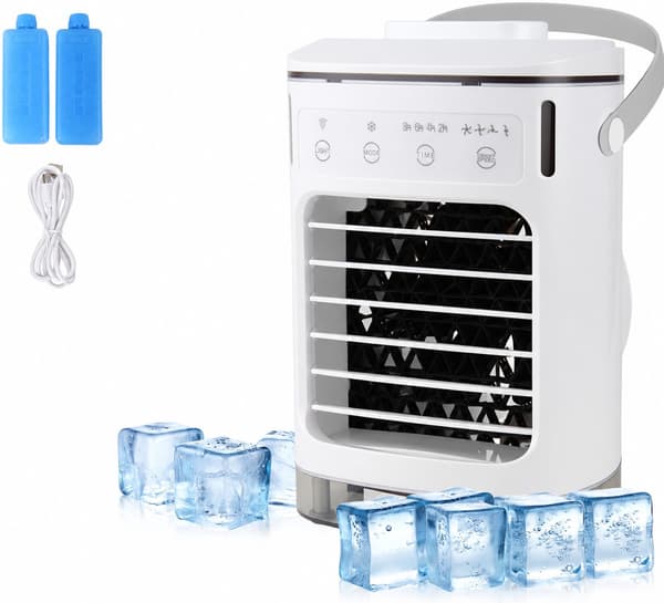 Multifunksjonell bærbar luftkjøler, 900 ml vanntank, 2-8 timers timer, omgivelsesbelysning.