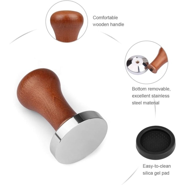 Kromi-pinnoitettu teräksinen kahvintamperi ja aidosta puusta valmistettu kahva, mukaan lukien matto, kahvinpainaja - kahvimylly kahvinkeittimen portafilterille (51 mm)
