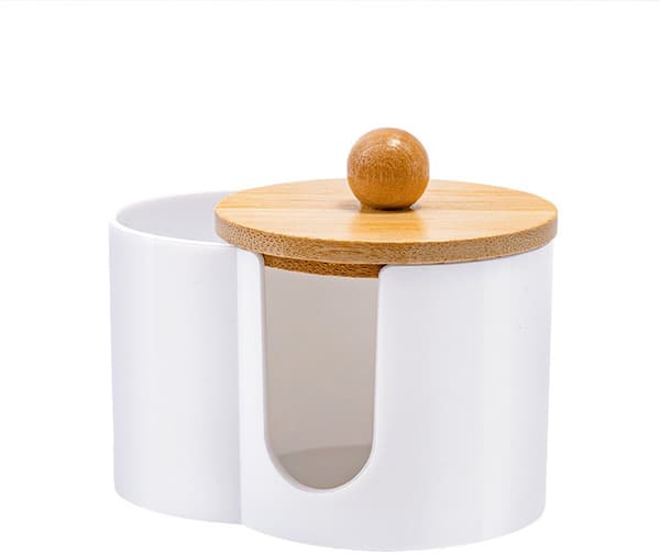 Bomullspinnehållare – Förvaringslåda – Bomullsrondellhållare – 10 × 7 × 6 cm – Bambu – Vit